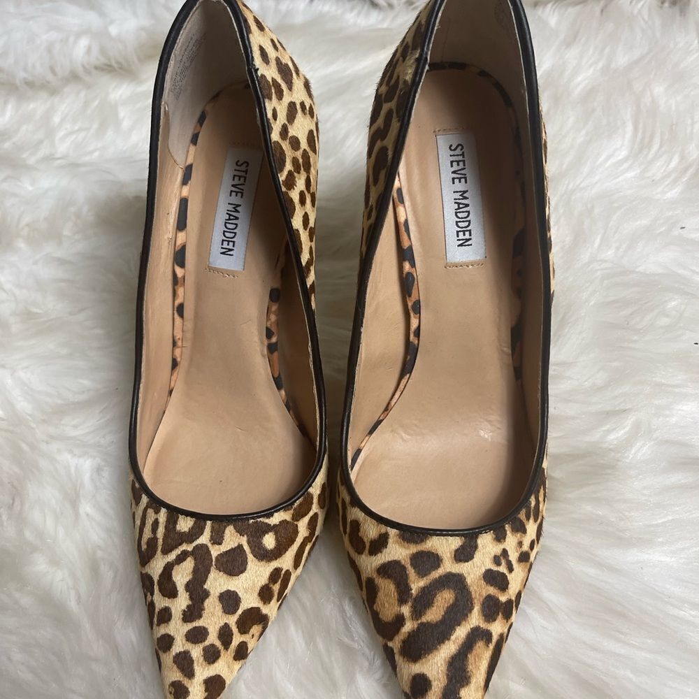 Steve Madden Dasie leather Calf hair leopard print slip on heels 10M - Picture 6 of 11